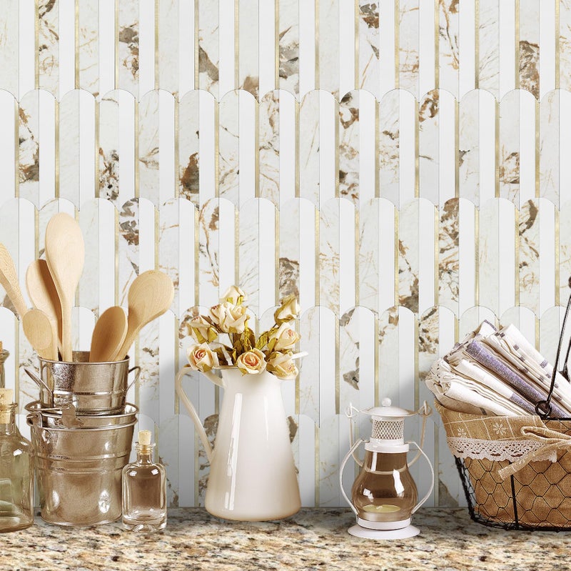 Vamos Tile Peel and Stick Backsplash Seamless Tile,10 Sheets Stick on Backsplash for Kitchen and Bathroom, 12''x12'' White Marble Look PVC Mixed Metal Gold Self Adhesive Fish Scale Mosaic Wall Tiles - Image 4