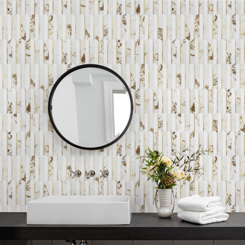 Vamos Tile Peel and Stick Backsplash Seamless Tile,10 Sheets Stick on Backsplash for Kitchen and Bathroom, 12''x12'' White Marble Look PVC Mixed Metal Gold Self Adhesive Fish Scale Mosaic Wall Tiles - Image 2