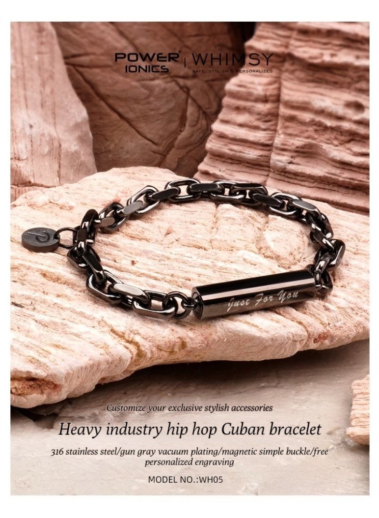 Power Ionics POWERIONICS Pine Retro Titanium Steel Cuban Men's and Women's Bracelet Gun Gray Black Free Engraving. If you need engraving, please contact the customer service via email. - Image 2