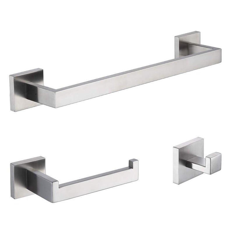 TASTOS 3Piece Chrome Bathroom Hardware Accessory Set Premium Stainless Steel Robe Hook Toilet Paper Holder 16Inch Towel Bar Set Wall Mounted Square Style Polished Finish Silver