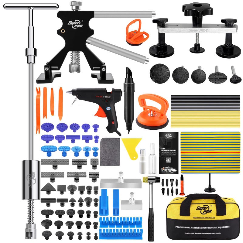 مجموعة أدوات إصلاح الخدوش بدون طلاء Super PDR 93PCS لإزالة الخدوش من السيارة أدوات PDR مجموعة أدوات سحب الخدوش مع رافعة الخدوش وجسر السحب ومطرقة الانزلاق TBar لمجموعة خدوش هيكل السيارة تتضمن أداة إزالة الغراء
