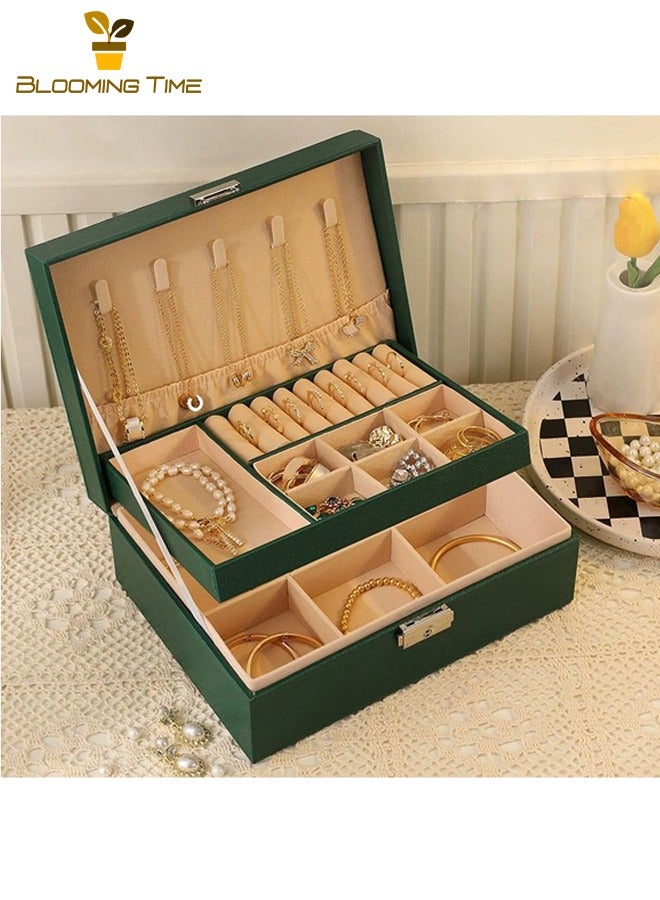 بلومنغ تايم صندوق مجوهرات مزدوج ، صندوق تخزين أقراط ، صندوق مجوهرات خاتم قلادة ، صندوق تغليف سوار ، صندوق تغليف أوروبي عالي الجودة سعة كبيرة متعدد الطبقات ، صندوق تخزين مجوهرات ، صندوق عرض مجوهرات ، أخضر - Image 1
