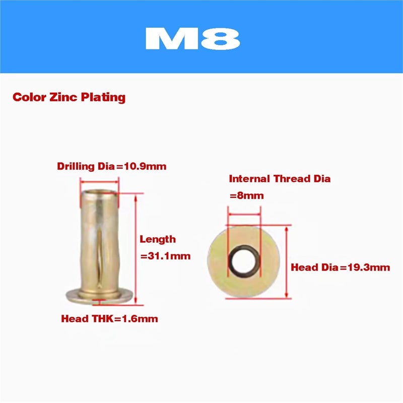 Multi-Grip Rivet-Nuts 20pcs Stainless Steel Galvanized Parts Slotted Expansion Rivet Nut M5 M6 M8 for Accessory(M8) - Image 2