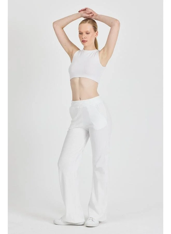 Women's Beige High-Waist Wide-Leg Khaki-Checkered Pocketed Jogger Pants.