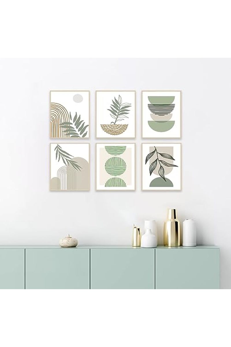 KBKBART Sage Green Boho Wall Art Prints, Abstract Geometric Boho Wall Decor Leaf Sun Moon Line Canvas Art Painting, Minimalist Green Boho Room Decor Posters for Bedroom Gallery Living Room Bathroom Boho Home - Image 3