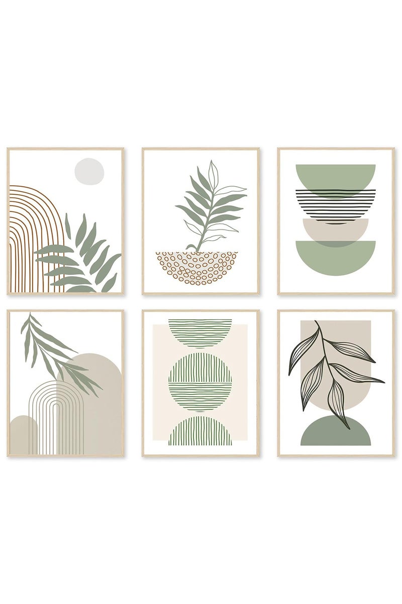 KBKBART Sage Green Boho Wall Art Prints, Abstract Geometric Boho Wall Decor Leaf Sun Moon Line Canvas Art Painting, Minimalist Green Boho Room Decor Posters for Bedroom Gallery Living Room Bathroom Boho Home - Image 1