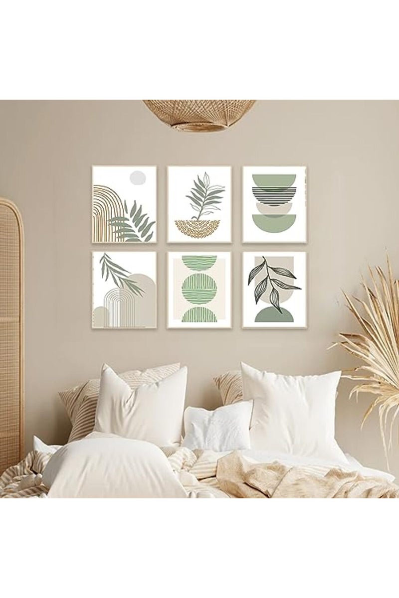 KBKBART Sage Green Boho Wall Art Prints, Abstract Geometric Boho Wall Decor Leaf Sun Moon Line Canvas Art Painting, Minimalist Green Boho Room Decor Posters for Bedroom Gallery Living Room Bathroom Boho Home - Image 5