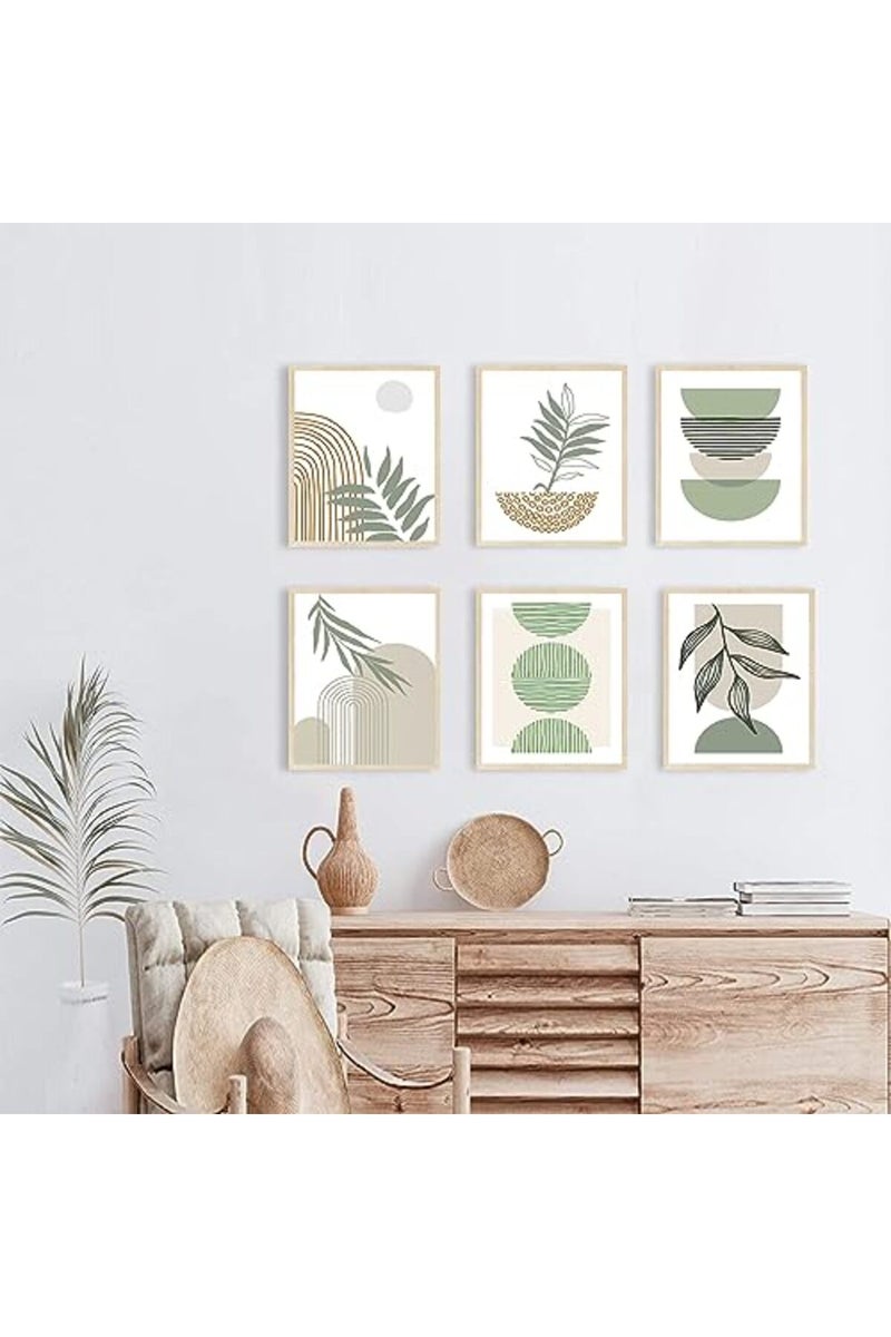 KBKBART Sage Green Boho Wall Art Prints, Abstract Geometric Boho Wall Decor Leaf Sun Moon Line Canvas Art Painting, Minimalist Green Boho Room Decor Posters for Bedroom Gallery Living Room Bathroom Boho Home - Image 2