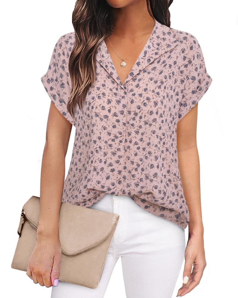 Timeson Womens Blouses and Tops Dressy,Work Tops for Women Office Professional Short Sleeve Dress Shirts Business Casual Outfits V Neck Chiffon Tunics Tops Ladies Formal Attire Clothes Multi-Pink M - Image 1
