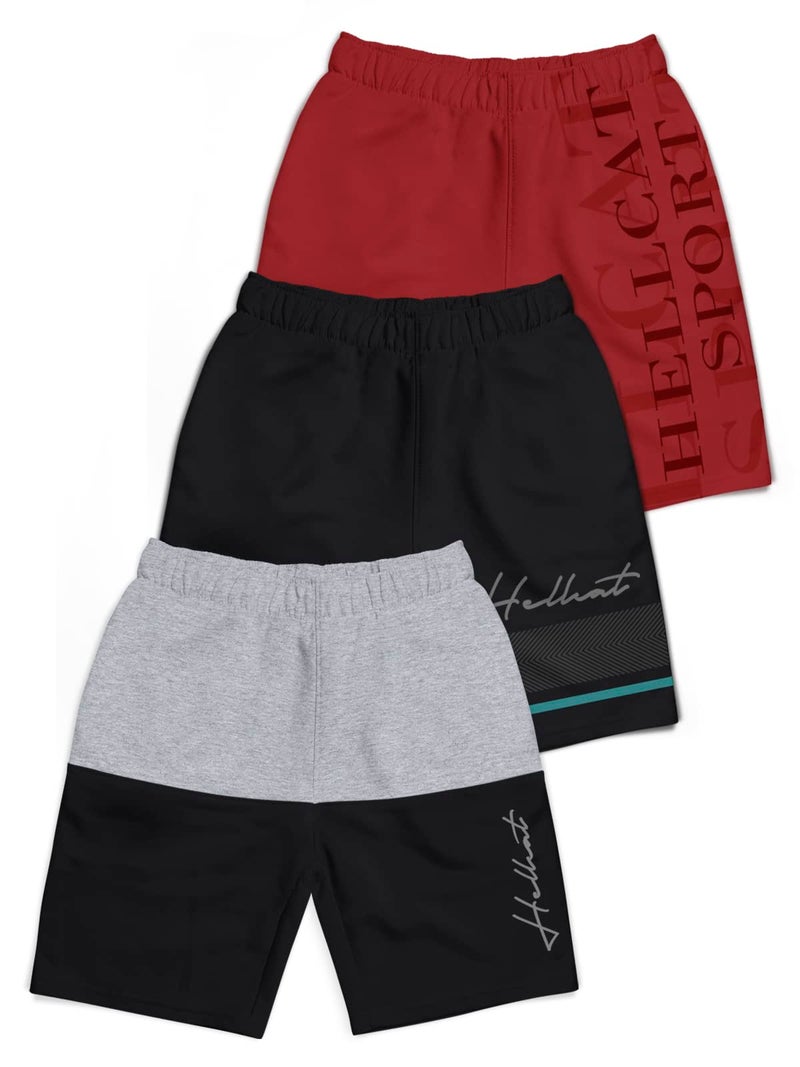 HELLCAT Pack of 3 Trendy Typographic Printed Mid Rise Shorts for Boys - Grey Melange/Black/Maroon_3-4 Years - Image 1