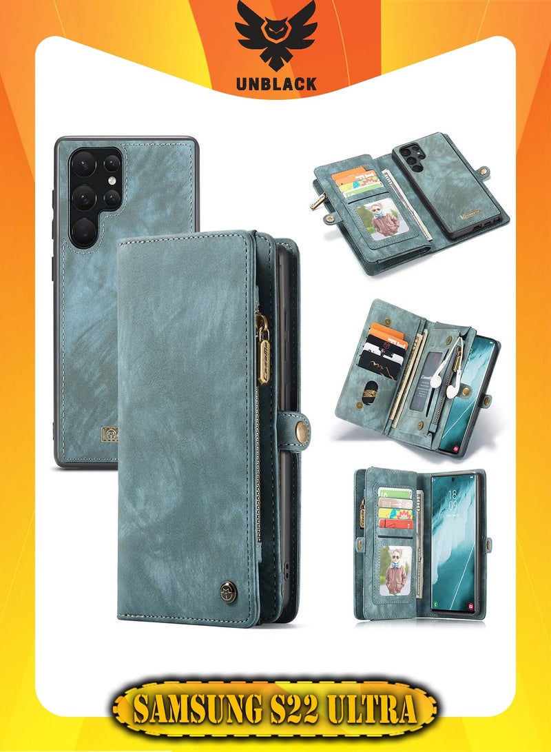 CaseMe Protective Phone Cover Case Wallet Case For Samsung Galaxy 22 Ultra, 2 in 1 Detachable Premium Leather Magnetic Zipper Pouch Wristlet Flip Phone Case (Blue) - Image 1
