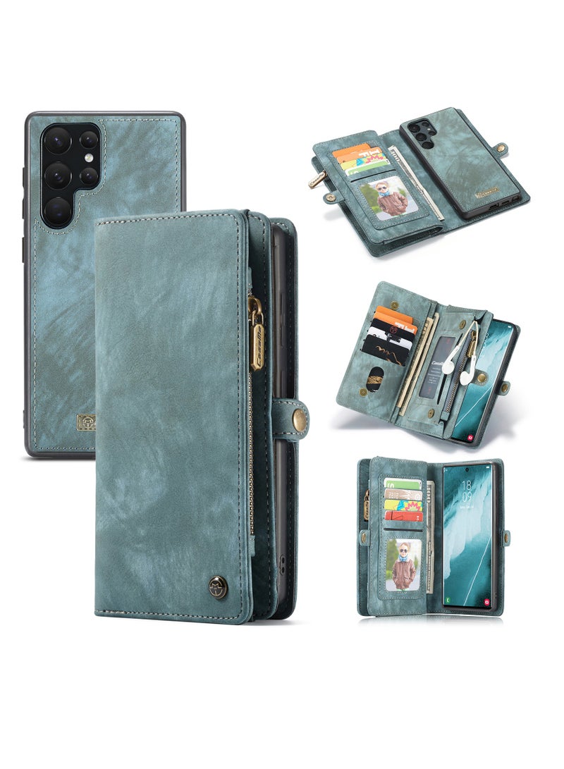 CaseMe Protective Phone Cover Case Wallet Case For Samsung Galaxy 22 Ultra, 2 in 1 Detachable Premium Leather Magnetic Zipper Pouch Wristlet Flip Phone Case (Blue) - Image 2