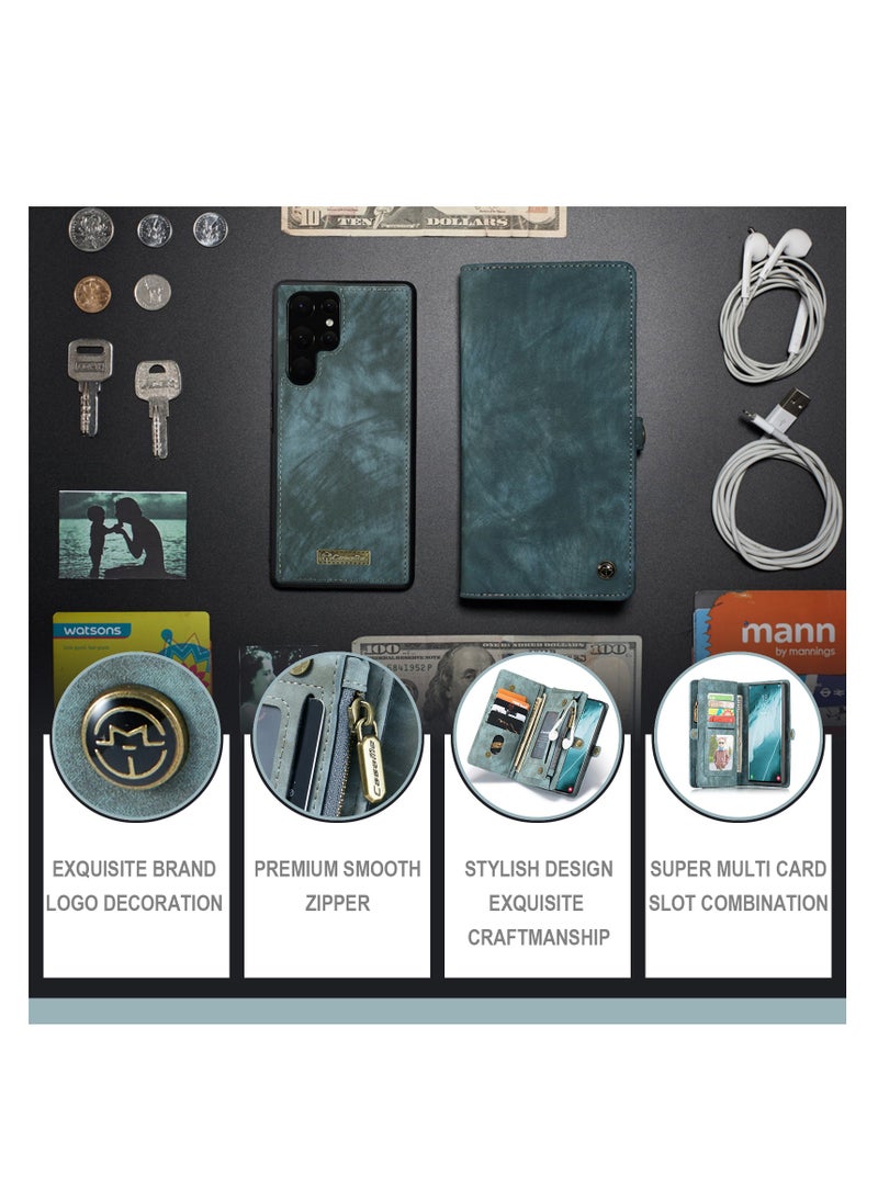 CaseMe Protective Phone Cover Case Wallet Case For Samsung Galaxy 22 Ultra, 2 in 1 Detachable Premium Leather Magnetic Zipper Pouch Wristlet Flip Phone Case (Blue) - Image 5