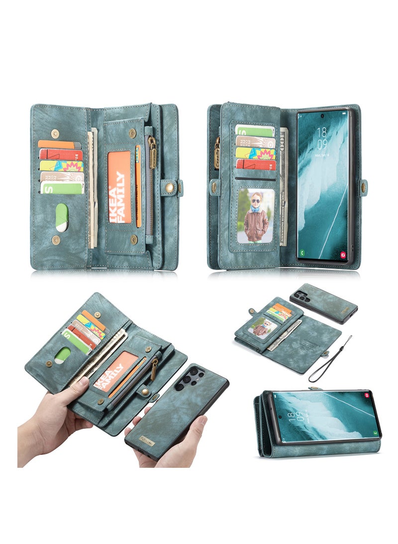 CaseMe Protective Phone Cover Case Wallet Case For Samsung Galaxy 22 Ultra, 2 in 1 Detachable Premium Leather Magnetic Zipper Pouch Wristlet Flip Phone Case (Blue) - Image 3