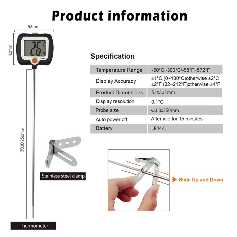 efengcook 10 Inch Long Digital Candy Thermometer with Pot Clip,Deep Fry Thermometer,Rotating Display, Best Instant Read Food Meat Thermometer for Candy Making or Deep Frying - Image 4