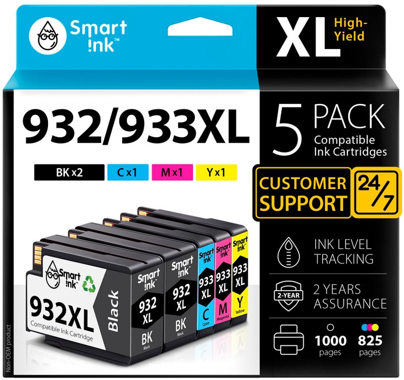 Smart Ink Compatible Ink Cartridge Replacement for HP 932XL 933XL 932 XL 933 (5 Pack Combo) to use with HP Officejet 6600 6100 6700 7510 7610 7612 7510 Printers (2 Black XL, Cyan, Magenta, Yellow) - Image 1