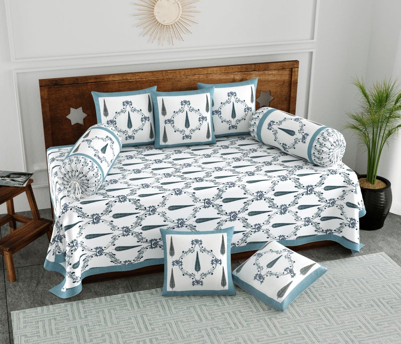 BLOCKS OF INDIA 200TC Diwan Set Cotton 8 Piece | Deewan Printed Bedsheet Sets for Living Room Hall (Set of 8 Piece, 1-Bed Sheet | 2-Bolster Cover | 5-Cushion Cover (Grey Patti) - Image 1