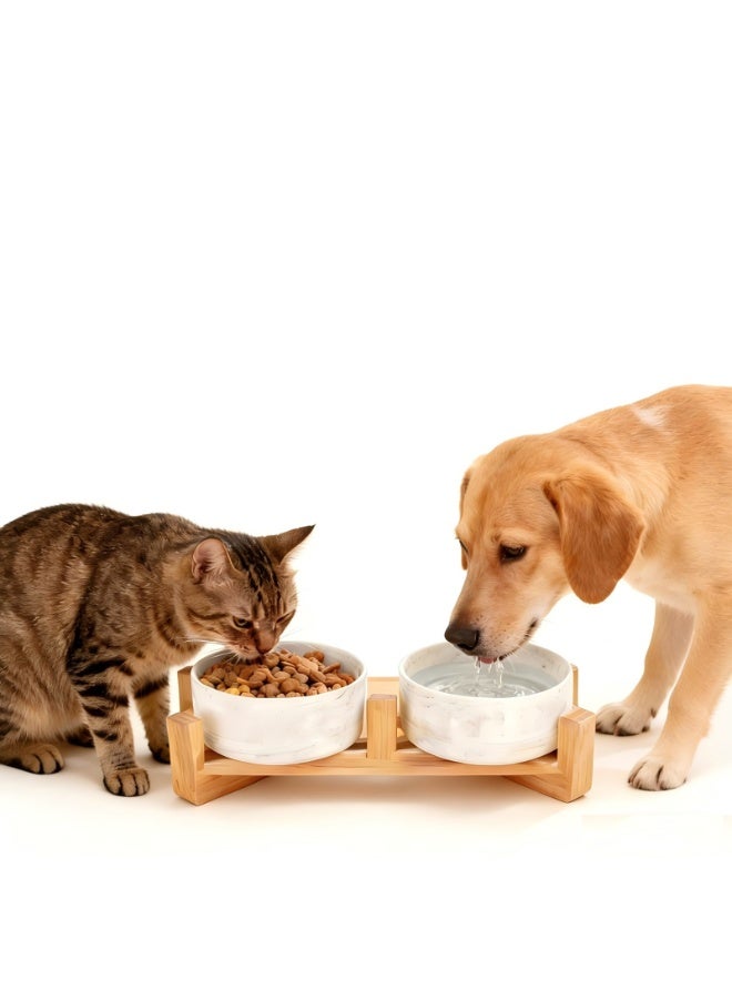 EPET Elevated Marble Pattern Ceramic Pet Bowl with Wood Stand, Double Bowl (Grey, Small) - Image 1