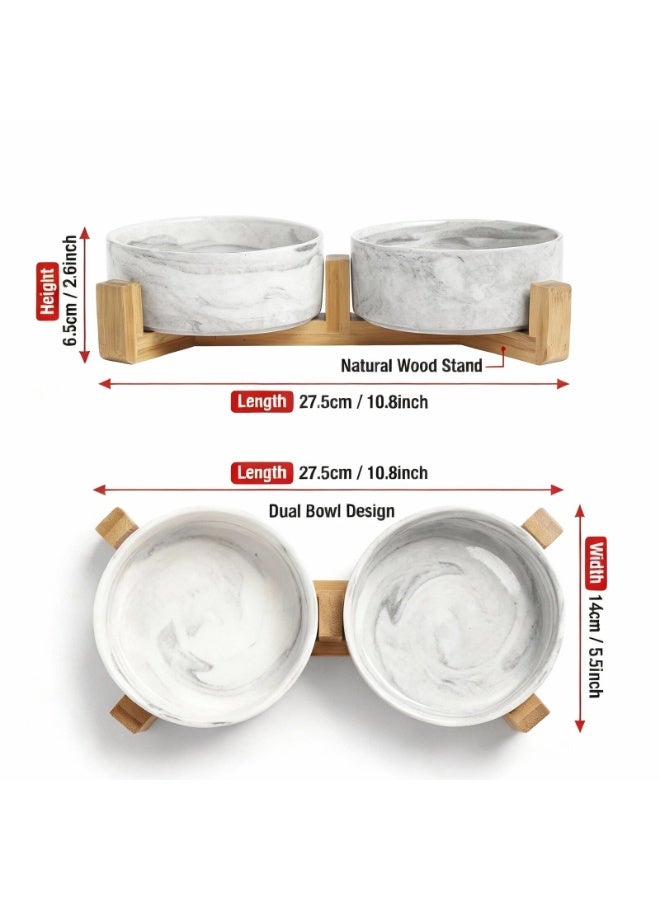 EPET Elevated Marble Pattern Ceramic Pet Bowl with Wood Stand, Double Bowl (Grey, Small) - Image 2