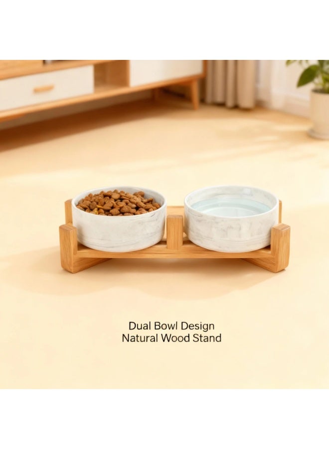 EPET Elevated Marble Pattern Ceramic Pet Bowl with Wood Stand, Double Bowl (Grey, Small) - Image 3