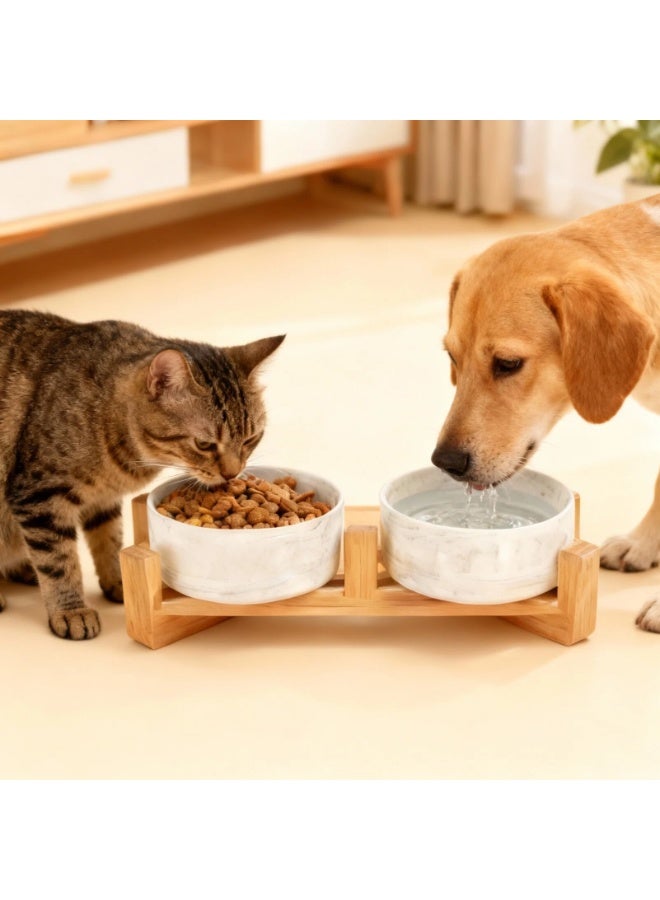 EPET Elevated Marble Pattern Ceramic Pet Bowl with Wood Stand, Double Bowl (Grey, Small) - Image 5