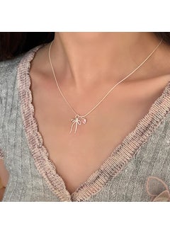 S925 Silver Butterfly Knot Pink Diamond Heart Necklace Bow Pink Love Necklace-Silver