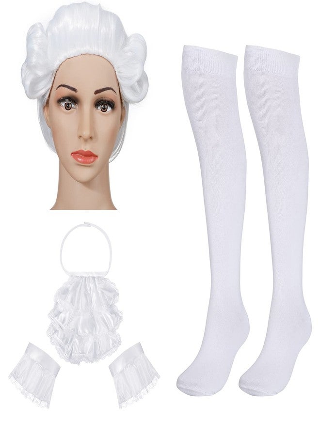 Funtery Halloween Colonial White Costume Set Colonial Unisex Lace Jabot Collar and Cuffs Historical Colonial Powdered Wig with Ponytail Knee White Knit Colonial Socks for Adults Children - Image 2