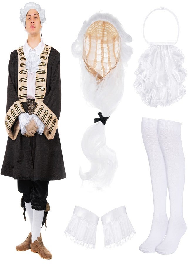 Funtery Halloween Colonial White Costume Set Colonial Unisex Lace Jabot Collar and Cuffs Historical Colonial Powdered Wig with Ponytail Knee White Knit Colonial Socks for Adults Children - Image 1