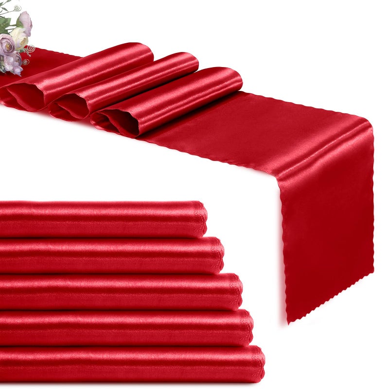 Eychei Set of 5 Red Satin Table Runners 12 x 108 Long Bright Smooth Table Runner with Scalloped Edges Satin Table Cloth Table Runner Decor for Wedding Party Banquet