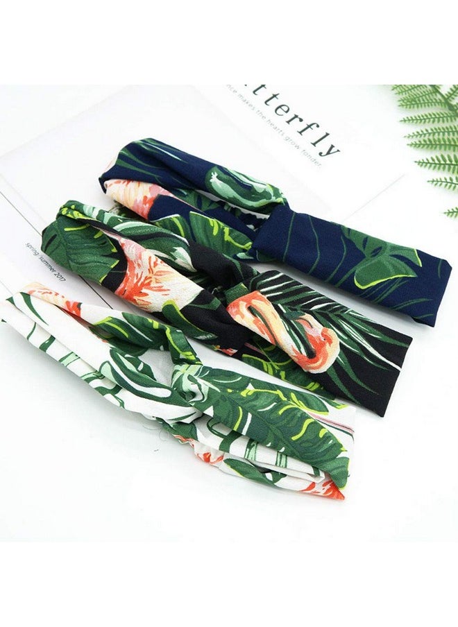 Aysekone - 3 Pack Elastic Women'S Tropical Beach Wind Summer Headbands Hair Accessories Turban Green Banana Leaves Printed Cross Knot Headwear Hair Bands For Lady Girls - Image 1