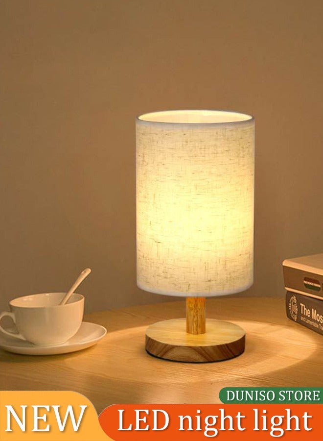 DUNISO Bedside Table Lamp, USB Switch Cable LED Bedrooms Lamps, Nightstand Desk Lamp, Minimalist Solid Wood Round Base With Fabric Shade  - Image 2