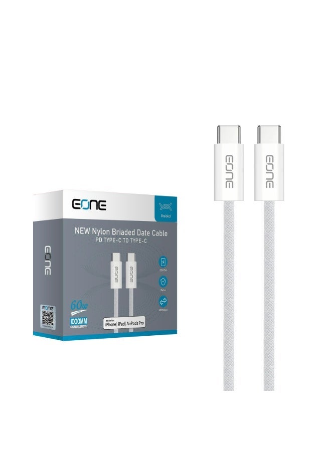 إيون كابل EONE USB-C إلى USB-C، شحن سريع 60 واط، طول 1 متر، كابل من النوع C مضفر من النايلون، شحن سريع بتقنية PD، مزامنة البيانات لأجهزة iPad وMacBook وأجهزة Samsung من النوع C - أبيض - Image 4
