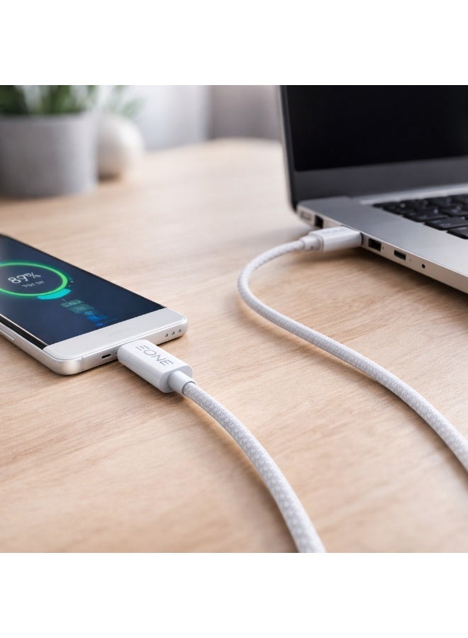 إيون كابل EONE USB-C إلى USB-C، شحن سريع 60 واط، طول 1 متر، كابل من النوع C مضفر من النايلون، شحن سريع بتقنية PD، مزامنة البيانات لأجهزة iPad وMacBook وأجهزة Samsung من النوع C - أبيض - Image 2