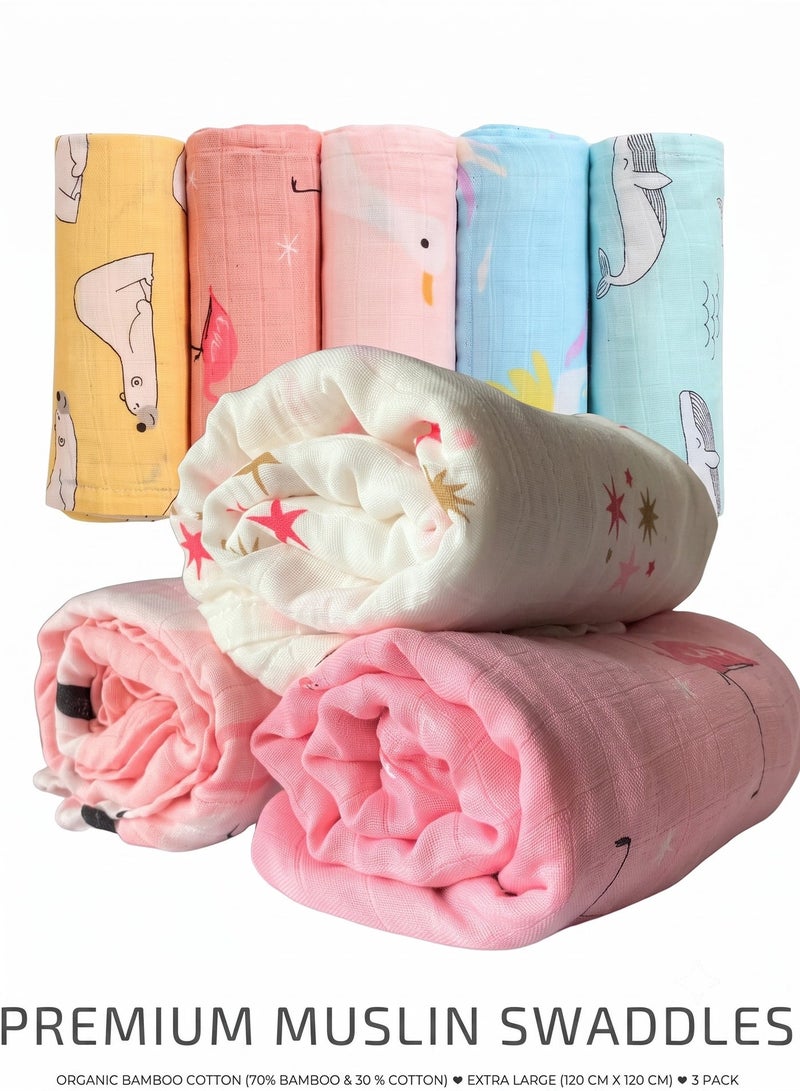 THUGFIT ASSORTED Muslin Swaddle Blanket Towel Baby Wrap, 120x120cm, Ultra Soft 100% Organic Bamboo Cotton, Multi-purpose, Receiving Swaddling Newborn , Nursing or Stroller Cover, Burp Cloth (3-Pack) - Image 1