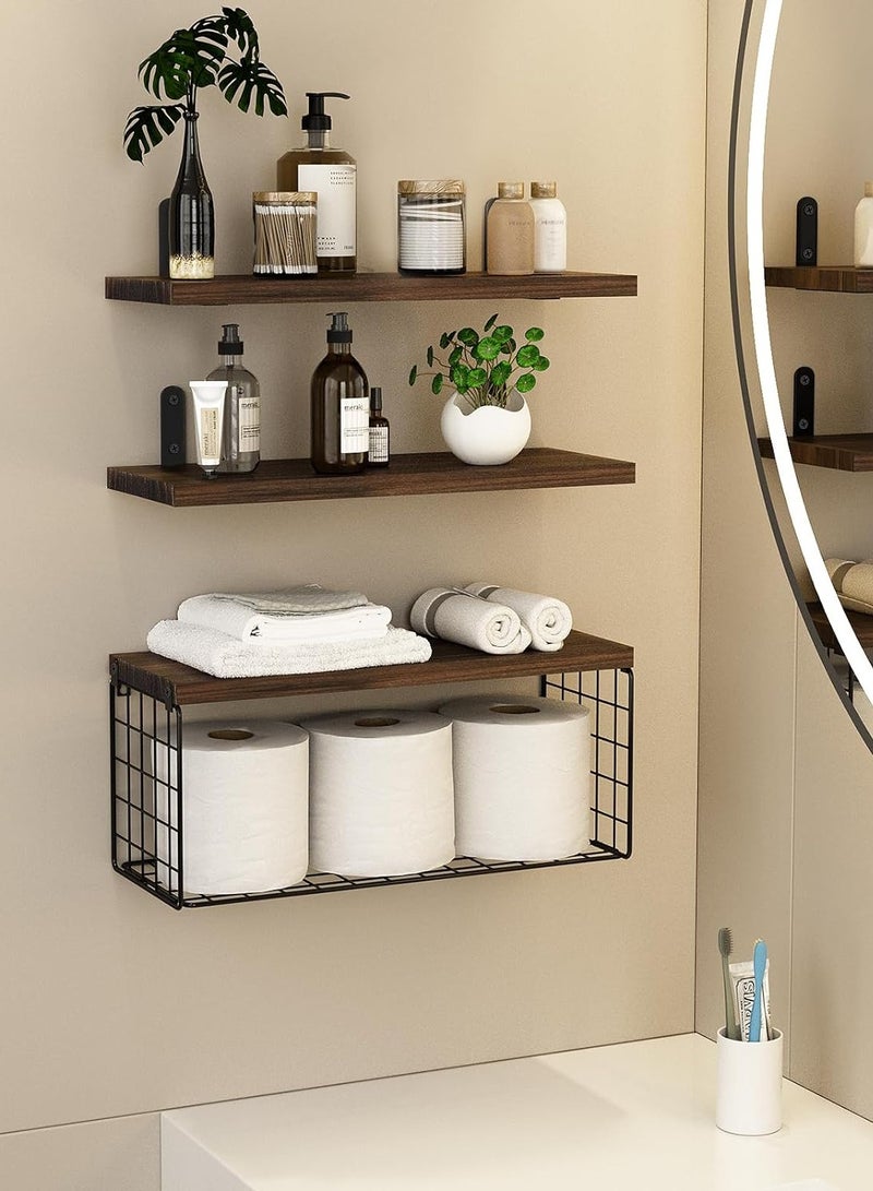 بست ستور أرفف عائمة لتنظيم الحمام من 3 طبقات مع سلة تخزين فوق حامل ورق المرحاض، رف رف مثبت على الحائط رف ديكور خشبي ريفي لغرفة المعيشة وغرفة النوم والمكتب والفصول الدراسية - Image 2