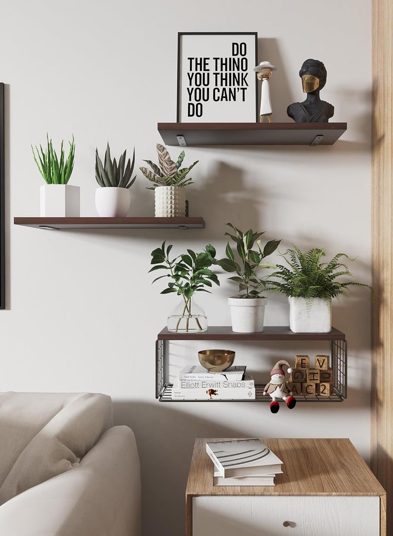 بست ستور أرفف عائمة لتنظيم الحمام من 3 طبقات مع سلة تخزين فوق حامل ورق المرحاض، رف رف مثبت على الحائط رف ديكور خشبي ريفي لغرفة المعيشة وغرفة النوم والمكتب والفصول الدراسية - Image 4