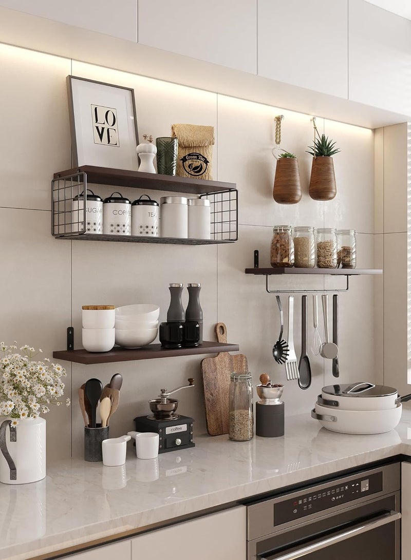 بست ستور أرفف عائمة لتنظيم الحمام من 3 طبقات مع سلة تخزين فوق حامل ورق المرحاض، رف رف مثبت على الحائط رف ديكور خشبي ريفي لغرفة المعيشة وغرفة النوم والمكتب والفصول الدراسية - Image 5