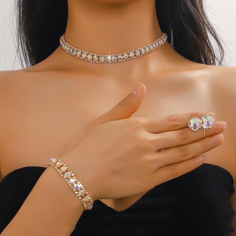 Paxuan Women Rhinestone Crystal Jewelry Set Crystal Tennis Design Rhinestone Choker Necklace Link Bracelet Teardrop Earrings Set Wedding Bridal Bridesmaids Party (Gold Plated AB Crystalï¼ˆ2ï¼‰) - Image 2