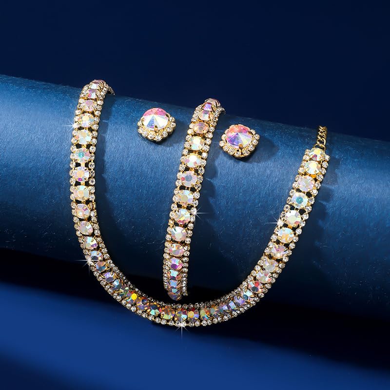 Paxuan Women Rhinestone Crystal Jewelry Set Crystal Tennis Design Rhinestone Choker Necklace Link Bracelet Teardrop Earrings Set Wedding Bridal Bridesmaids Party (Gold Plated AB Crystalï¼ˆ2ï¼‰) - Image 4