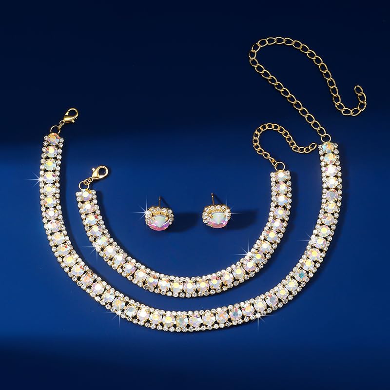 Paxuan Women Rhinestone Crystal Jewelry Set Crystal Tennis Design Rhinestone Choker Necklace Link Bracelet Teardrop Earrings Set Wedding Bridal Bridesmaids Party (Gold Plated AB Crystalï¼ˆ2ï¼‰) - Image 5