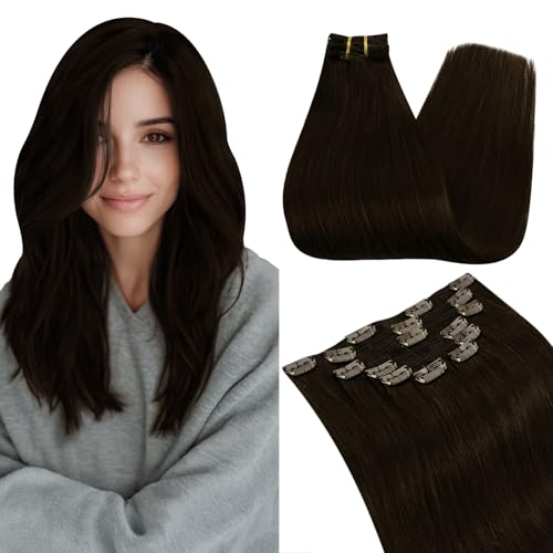 Ugeat Dark Brown Clip in Hair Extensions, Hair Extensions Real Human Hair Clip ins 20 Inch 7pcs 120g, Real Hair Clip in Extensions Dark Brown, Easy to Apply - Image 1