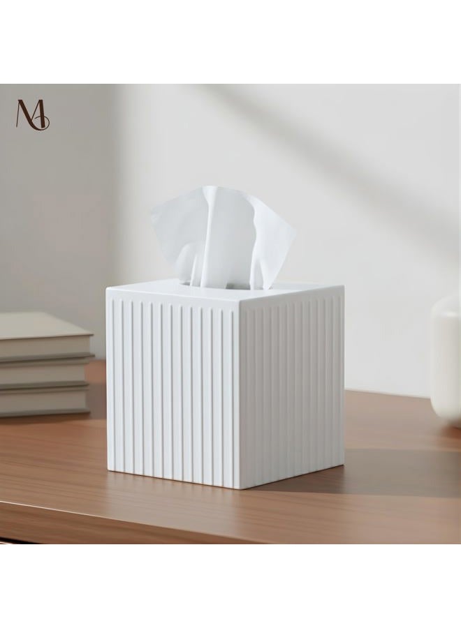 Monarch Abode Ridge Embossed Tissue Box Cover Square, White Tissue Holder for Bathroom, Square Metal Dresser Accessories, Decorative Tissue Box Holder, White Handcrafted Tissue Cover - Image 2