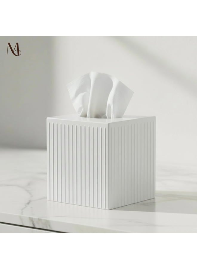 Monarch Abode Ridge Embossed Tissue Box Cover Square, White Tissue Holder for Bathroom, Square Metal Dresser Accessories, Decorative Tissue Box Holder, White Handcrafted Tissue Cover - Image 5