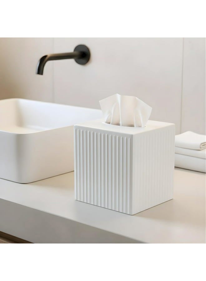 Monarch Abode Ridge Embossed Tissue Box Cover Square, White Tissue Holder for Bathroom, Square Metal Dresser Accessories, Decorative Tissue Box Holder, White Handcrafted Tissue Cover - Image 3