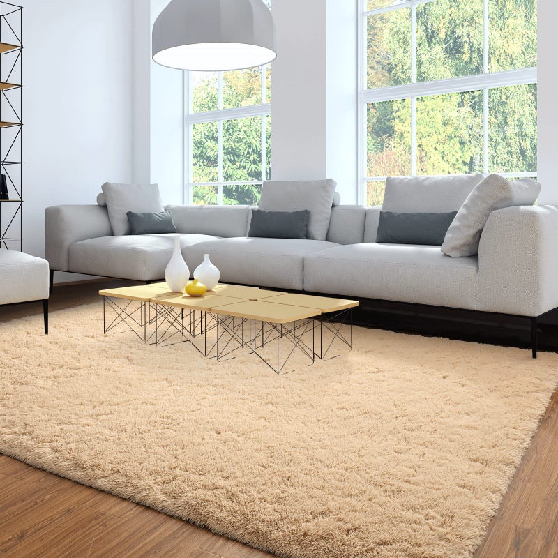 Soft Modern Indoor Large Shaggy Rug for Livingroom Bedroom Dorm Kids Room Home Decorative NonSlip Plush Fluffy Furry Fur Area Rugs Comfy Nursery Accent Floor Carpet 6x9 Feet Light Tan