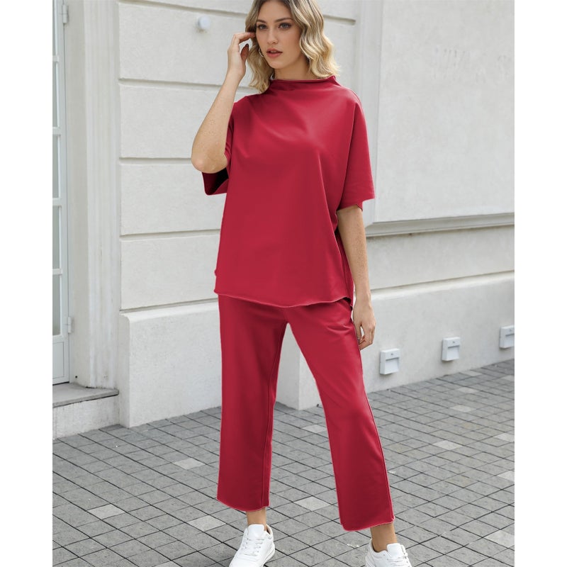 SeeLuNa Women's Two Piece Outfits 3/4 Batwing Sleeve Capelet Crew Neck Pullover Top Wide Leg Pants Lounge Set(Wine Red,M) - Image 5