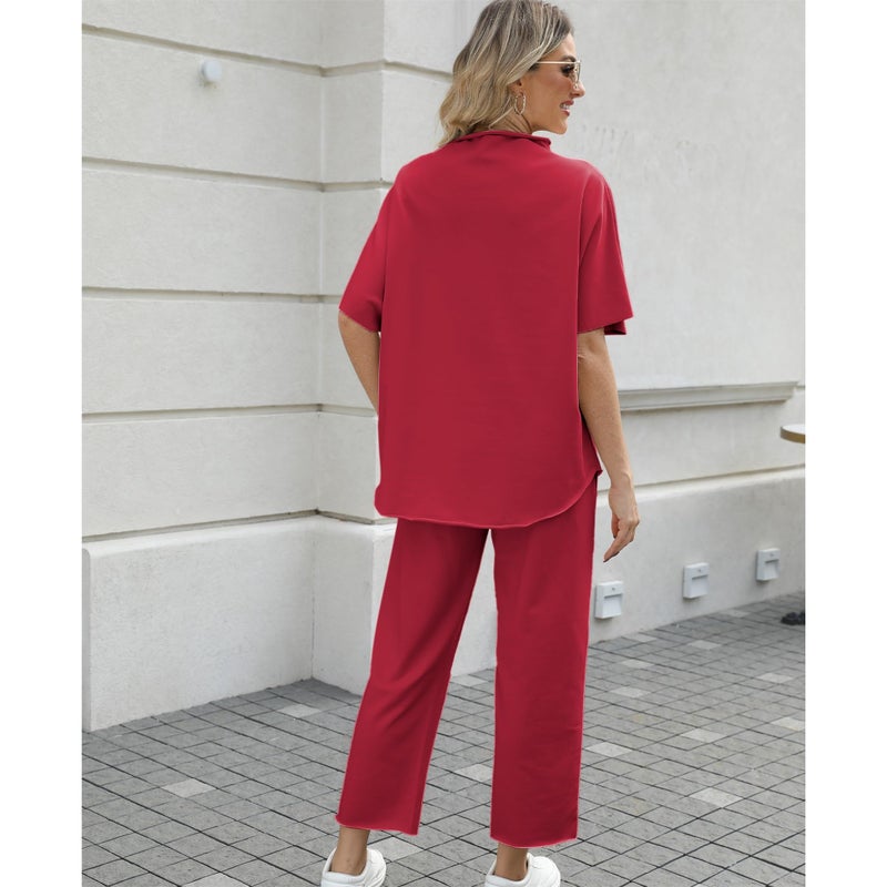 SeeLuNa Women's Two Piece Outfits 3/4 Batwing Sleeve Capelet Crew Neck Pullover Top Wide Leg Pants Lounge Set(Wine Red,M) - Image 2