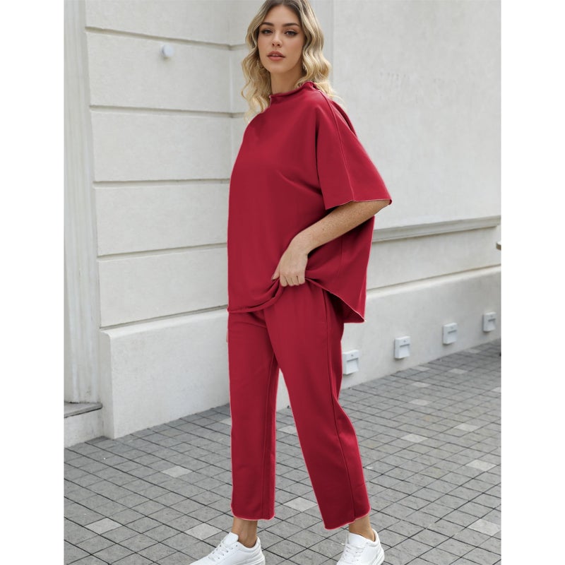 SeeLuNa Women's Two Piece Outfits 3/4 Batwing Sleeve Capelet Crew Neck Pullover Top Wide Leg Pants Lounge Set(Wine Red,M) - Image 4