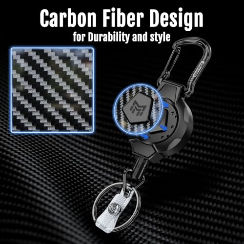 MNGARISTA Heavy Duty Retractable Keychain Lanyard,10 OZ Retraction 31.5" Stainless Steel Cable, 2 Pack Carbon Fiber Badge Reel ID Holder with Tactical Carabiner Clip for Work Officer Security Staff - Image 3