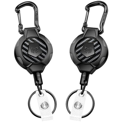 MNGARISTA Heavy Duty Retractable Keychain Lanyard,10 OZ Retraction 31.5" Stainless Steel Cable, 2 Pack Carbon Fiber Badge Reel ID Holder with Tactical Carabiner Clip for Work Officer Security Staff - Image 1